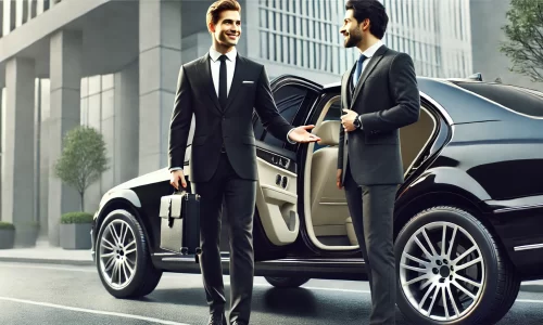 DALL·E 2025-03-24 14.03.07 - A professional chauffeur welcoming a passenger near a sleek black luxury car. The chauffeur is dressed in a sharp black suit, white shirt, and tie, ho